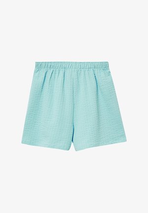 Jasnoniebieskie szorty z fakturowanego materiału, z elastycznym pasem, charakteryzujące się luźnym krojem i wzorem w kratkę na całej powierzchni.