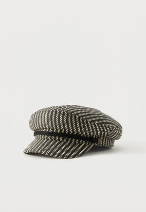 Casquette de capitaine en tissu tissé noir et beige avec bande tressée et petit emblème métallique sur fond blanc.