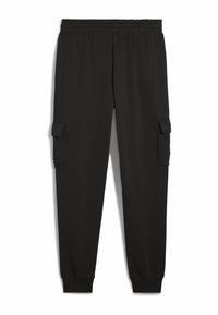 Schwarze Cargo-Sweatpants aus weichem Stoff, mit einem elastischen Taillenbund, Seitentaschen und gerippten Bündchen an den Knöcheln.