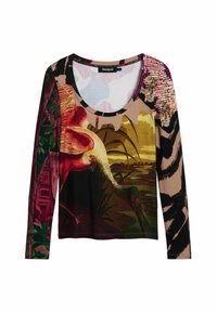 Farverig langærmet top med en blanding af mønstre, herunder en pink stork og abstrakte designs. Blødt stof med rund halsudskæring.