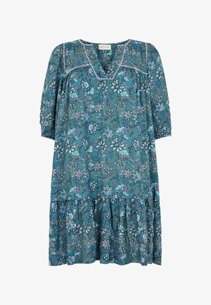 Blaugrünes Blumenkleid mit lockerem Schnitt, dreiviertellangen Ärmeln, V-Ausschnitt, Spitzenbesatz und gerafftem Saum.