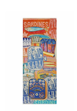 Collage d’étiquettes colorées de boîtes de sardines avec des illustrations de sardines, poissons, fleurs et texte dans différentes polices et couleurs.