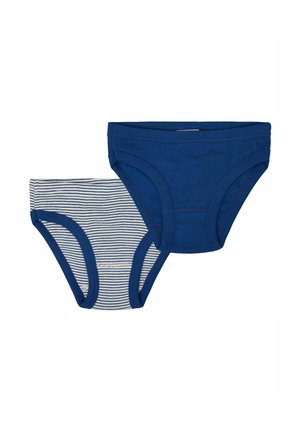 Set aus zwei Jungen-Unterhosen: eine einfarbig dunkelblau und eine weiß mit blauen horizontalen Streifen. Weiches Baumwollmaterial, elastischer Bund.
