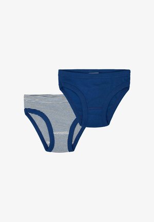 Set di due mutande da ragazzo: una blu scuro uniforme e una bianca con righe orizzontali blu. Materiale in cotone morbido, cintura elastica.