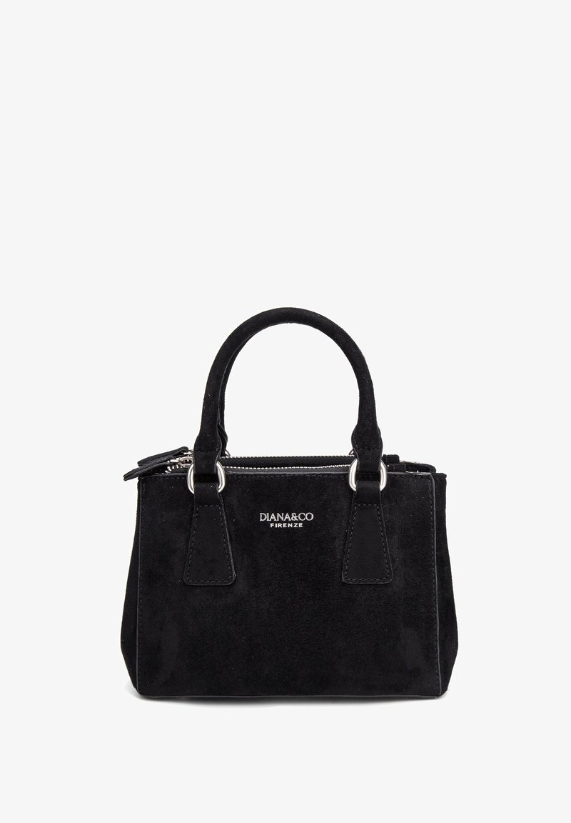 Sac à main en daim noir avec double poignée, fermeture éclair argentée et logo « DIANA&CO FIRENZE » centré sur le devant.