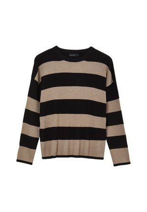 Gestrickter Pullover mit breiten schwarz-beigen Streifen, runder Ausschnitt und langen Ärmeln mit geripptem Muster an Saum und Bündchen.