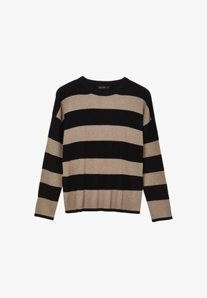 Knitted sweater featuring wide black and beige stripes, a crew neckline, and long sleeves with ribbed texture along the hem and cuffs.