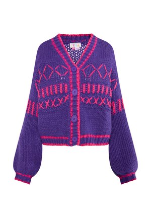 Tömör lila kötött kardigán pink hímzett mintákkal, hosszú ballon ujjak, V-nyak, és négy lila gomb az elején.