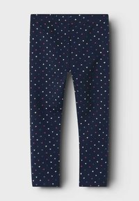 Marineblauwe leggings met een zachte textuur, voorzien van een patroon van kleine hartjes in roze, wit en blauw. Elastische tailleband voor comfort.