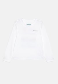 White long-sleeve shirt made of soft fabric featuring a round neckline and a small green Columbia logo on the front.