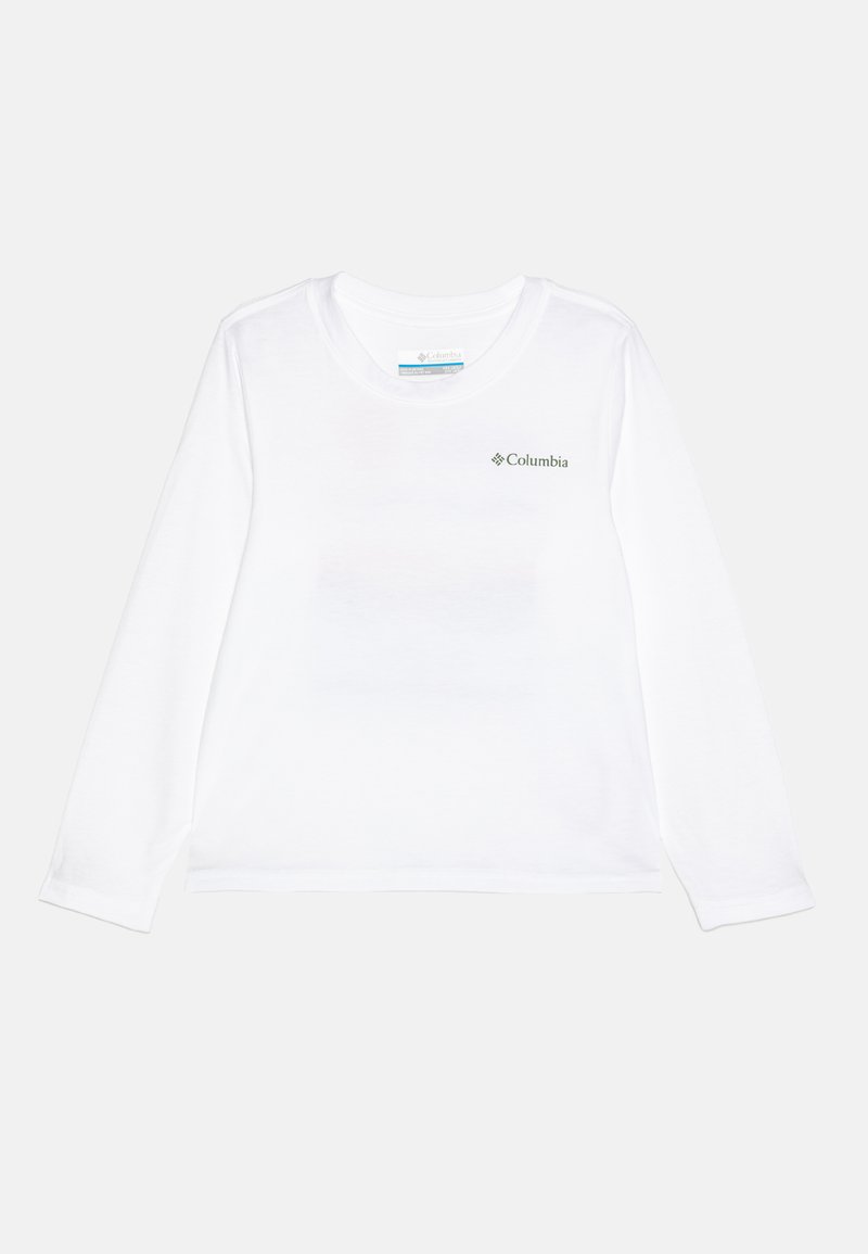 White long-sleeve shirt made of soft fabric featuring a round neckline and a small green Columbia logo on the front.