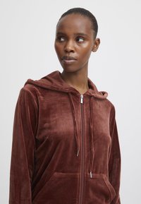 Brown velvet zip-up hoodie with a hood, front pockets, and silver zipper details. Smooth texture and rich color.