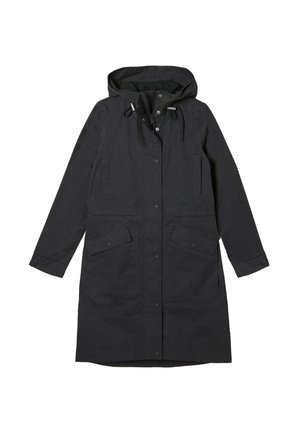 Schwarzer langer Mantel aus leichtem Stoff, ausgestattet mit Kapuze, Kordelzug, Druckknöpfen und zwei großen Fronttaschen. Glatte Textur.