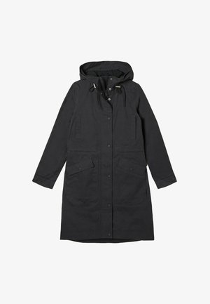 Black long coat made of lightweight fabric, featuring a hood, drawstring, snap buttons, and two large front pockets. Smooth texture.