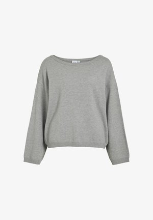 Pull en maille gris avec une coupe décontractée, un large col et des manches longues. Ourlet et poignets côtelés. Texture douce avec un design minimaliste.