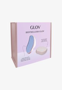 3D Nano Glass Voetvijl in blauw en wit; slanke vorm met textuur voor voetverzorging, gepresenteerd in een roze doos met het label "BESTSELLERS GLOV."