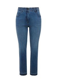 Modré džíny z denimu s mid-rise elastickým pasem, obsahující pět kapes a rovný střih nohavic, dokončené minimálními švy.