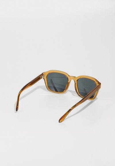 Lunettes de soleil en plastique marron avec des montures rectangulaires, verres foncés et branches fines. Des accents transparents rehaussent le design global.
