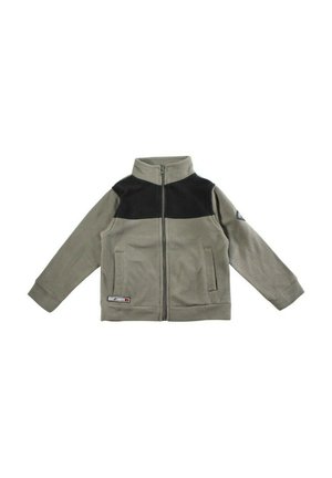 Veste polaire zippée pour enfants en vert olive avec empiècement noir et deux poches avant, dotée d'un écusson East London près de l'ourlet.