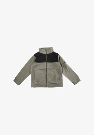 Veste polaire zippée pour enfants en vert olive avec empiècement noir et deux poches avant, dotée d'un écusson East London près de l'ourlet.