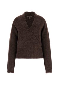 Maglione avvolgente in maglia marrone con scollatura e maniche a onda. Presenta una finitura testurizzata, maniche lunghe e un corpo aderente.
