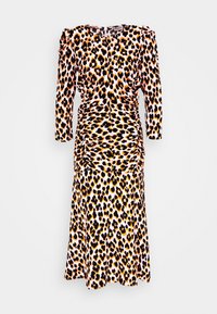 Robe longue avec des détails froncés et des épaules bouffantes, avec un motif léopard orange, noir et blanc.