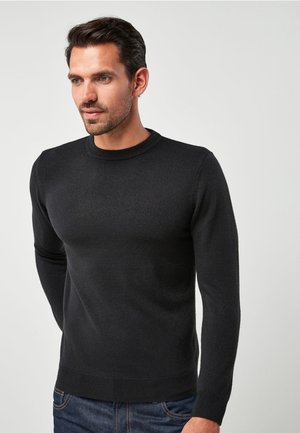 Maglione nero lavorato a maglia con scollatura rotonda, maniche lunghe e silhouette aderente. Presenta polsini e orlo a costine, texture morbida.