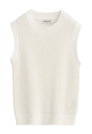 Veste pull sans manches blanche en maille avec encolure ronde et ourlet côtelés, présentant un motif tricoté vertical texturé.