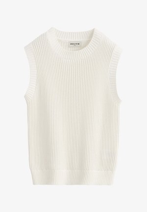 Veste pull sans manches blanche en maille avec encolure ronde et ourlet côtelés, présentant un motif tricoté vertical texturé.