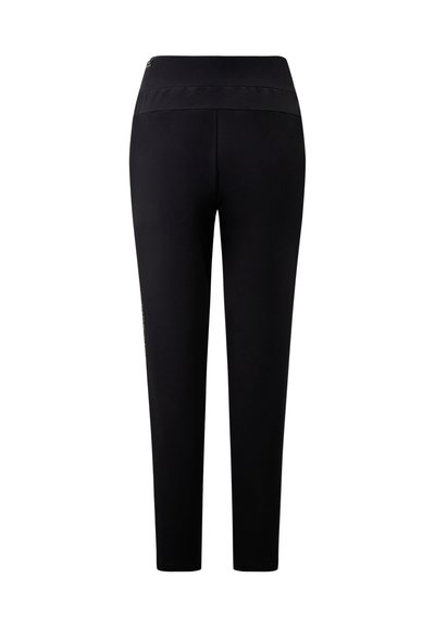 Zwarte fitnessbroek met een gladde textuur, smalle pijpen en een brede tailleband. Bevat een subtiel logo en heeft geen zichtbare zakken.