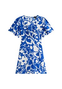 Vestido floral con mangas cortas y acampanadas, que presenta un fondo azul y grandes patrones florales en blanco. Tela suave con cintura ajustada.