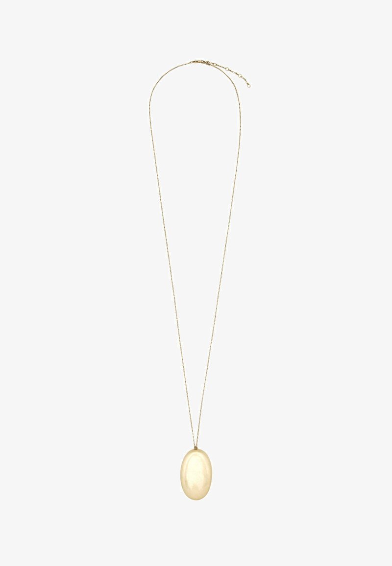 Collana con catena d'oro e un pendente liscio di forma ovale color crema appeso al centro.