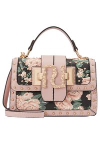 Handväska med blommönster i rosa och svarta nyanser, guldfärgade nitar och en dekorativ spänne. Har ett handtag ovanpå och en justerbar axelrem.