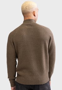 Brown knitted sweater with a high collar and ribbed texture, featuring long sleeves and a relaxed fit, seen from the back.