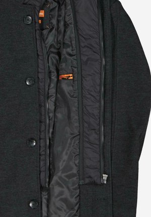 Dunkelgrauer Mantel mit einer Strickaußenfläche und einem glatten Innenfutter. Ausgestattet mit schwarzen Knöpfen, einem Frontreißverschluss und einer orangefarbenen Reißverschlusstasche innen.