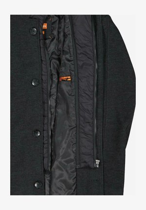 Dunkelgrauer Mantel mit einer Strickaußenfläche und einem glatten Innenfutter. Ausgestattet mit schwarzen Knöpfen, einem Frontreißverschluss und einer orangefarbenen Reißverschlusstasche innen.