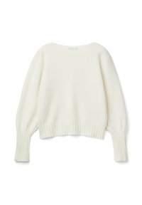 Pullover bianco a maniche lunghe con orlo e polsini a costine. Tessuto morbido a maglia, scollatura rotonda e maniche leggermente a sbuffo.