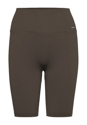 Pantalones cortos de ciclista de cintura alta, textura acanalada, color marrón oscuro con una pequeña etiqueta de logo en el lado derecho de la cintura.