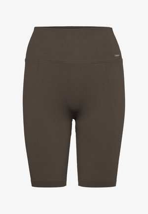 Vysoký pas, žebrovaná textura, tmavě hnědé biker šortky s malou logovou visačkou na pravé straně pasu.