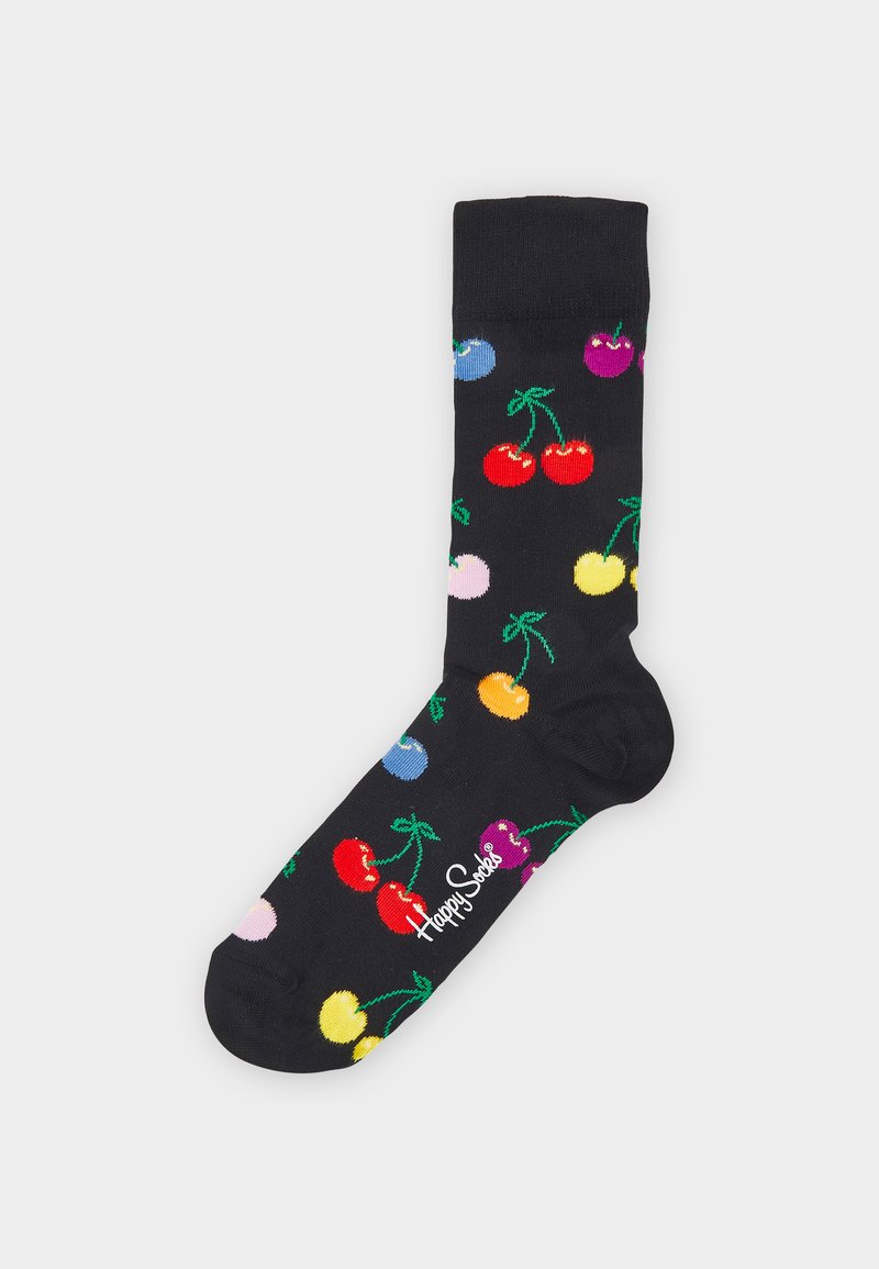 Crne čarape s uzorkom šarenih trešanja, sa zelenim stabljikama, a s imenom branda "Happy Socks" prikazanim s bočne strane.