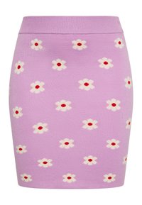 Fustă tricotată violet cu flori albe cu centre roșii, design ajustat, talie cu nervuri, de lungime medie până la genunchi.