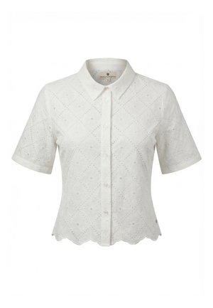 Camicia bianca a maniche corte con ricamo ad occhiello, orlo smerlato e colletto appuntito, taglia piccola, etichettata Freeman T. Porter.