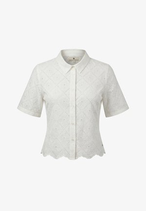 Chemise blanche à manches courtes avec broderie anglaise, ourlet festonné et col pointu, taille petite, étiquetée Freeman T. Porter.