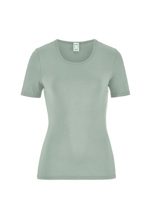 Lichtgroen, aangesloten dames T-shirt met korte mouwen en ronde hals, weergegeven op een witte achtergrond.
