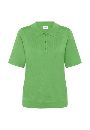 Groene polo met korte mouwen van textuurgebreid stof. Heeft een klassieke kraag, een manchet met drie knopen en een geribbelde zoom.