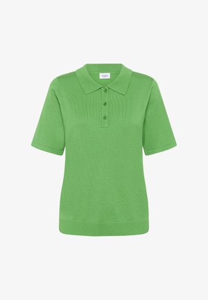 Polo shirt verde a maniche corte realizzato in tessuto a maglia testurizzato. Presenta un colletto classico, una chiusura con tre bottoni e orlo a coste.