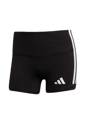 Černé sportovní šortky vyrobené z elastického materiálu s středně vysokým pasem. Obsahují bílé pruhy po stranách a bílé logo na lemu.