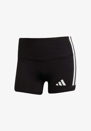 Schwarze Sportshorts aus dehnbarem Material mit mittelhohem Bund. Besondere Merkmale sind weiße Streifen an den Seiten und ein weißes Logo am Saum.