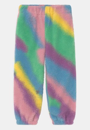 Miękkie spodnie z polaru z elastycznym pasem i mankietami, ozdobione kolorowym wzorem tie-dye w odcieniach zieleni, niebieskiego, różowego, żółtego i fioletowego.