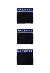 Trois paires de boxers noirs empilés verticalement, chacun avec une ceinture bleu marine portant l'inscription "HACKETT" en lettres blanches.